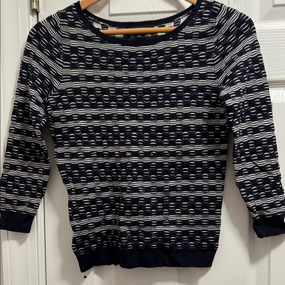 Ann Taylor Navy and Cream Crew Neck Sweater with Geometric Pattern